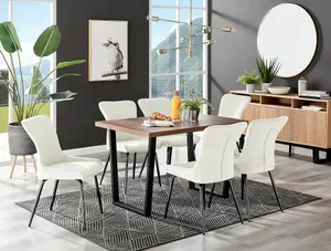 Furniturebox Kylo Brown Rectangular Wood Effect Dining Table & 6 Cream Velvet Nora Black Leg Chairs