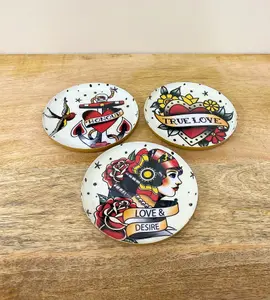 Set of Three Metal Retro Tattoo Design Coasters