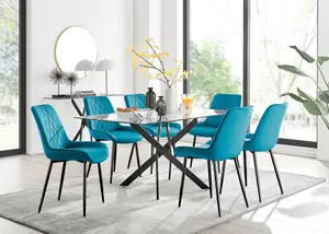 Furniturebox UK Leonardo Black Leg Glass Dining Table & 6 Blue Pesaro Black Leg Chairs