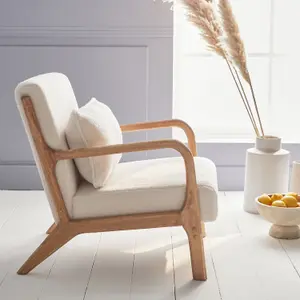 sweeek. Scandi-style boucle wooden armchair with cushion Lorens boucle White 65x80x79 cm