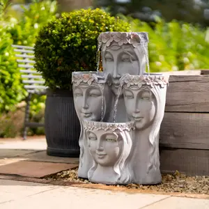 Primrose Hebe Grey Tiered Cascading Garden Outdoor Water Feature with LED Lights H81cm