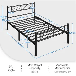 Minimalist Metal Slatted Bed Platform with Arrow Design Headboard Black / Single (3')