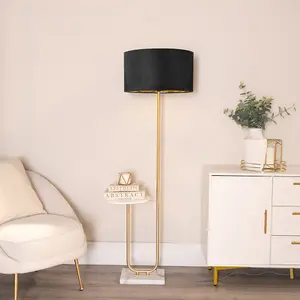 ValueLights Tavel Gold Floor Lamp with Table and Black Velvet with Gold Inner Lamp Shade and LED Bulb