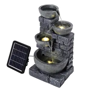 Grey Rustic Resin Rock Water Fountain with LED Lights and Solar Panel 45 cm