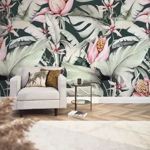 Exotic Flowers Mural In Charcoal and Green And Pink (300cm x 240cm)