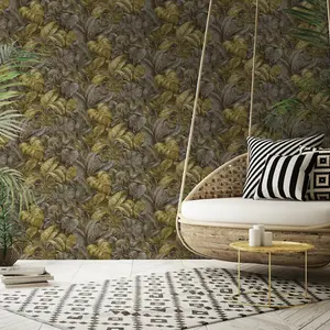 Yellow Tropical Jungle Wallpaper Leaves Artistic Canvas Finish Paste The Wall