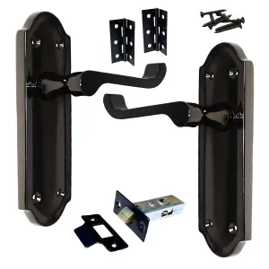 Ashford Door Handle Latch Scroll Lever - Black Nickel Latch & Hinge Pack