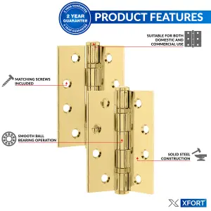 XFORT 4 Inch (100mm) Polished Brass Ball Bearing Hinges, Steel Door Hinge for Wooden Doors (2 Pairs)