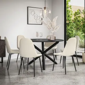 Malvern Round Dining Table And Chairs -  Black Table Top w Solid Oak Black Legs + Maya Boucle Dining Chair Set Of 6 (Ivory White)