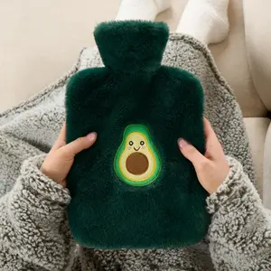 Hot Water Bottle Avocado Embroidered Soft Fleece Winter Warmer Faux Fur Rubber