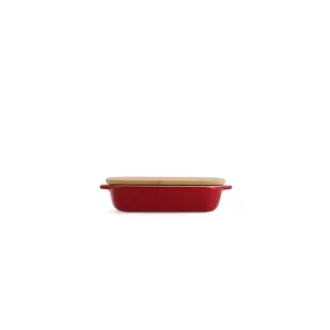 KitchenAid Stoneware Rectangular Dish with Bamboo Lid Empire Red / 20cm