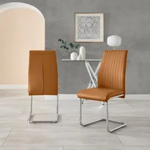 Furniturebox UK Lorenzo 2x Tan Faux Leather Silver Leg Dining Chair