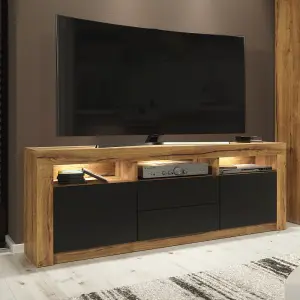 Shine TV Unit 160cm Oak & Black Matt Doors and LED Lighting - Creative Furniture