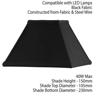 9" Inch Square Tapered Lamp Shade Black Faux Silk Fabric Cover Modern Elegant