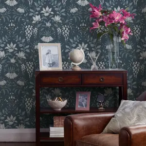 Laura Ashley Parterre Dark seaspray Damask Smooth Wallpaper Sample