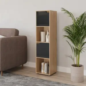 URBNLIVING 119cm Height 4 Cubes Oak Wooden Bookcase Shelving Display Shelf Black Door Storage Unit