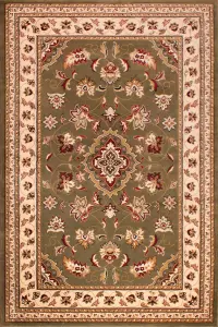 Green Traditional Easy to Clean Floral Bordered Rug For Dining Room-120cm X 170cm