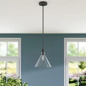 Matte Black 1 Light Pendant Ceiling Light with Clear Glass Lampshade Dia 240mm