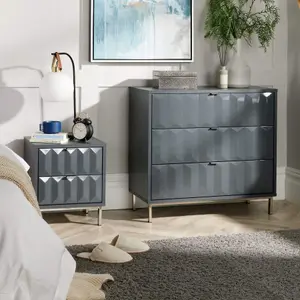 Home Source Siena 3 Drawer Grey High Gloss Bedroom Storage Chest Unit