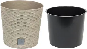 Round Planter Plant Flower Pot Outdoor Garden Weatherproof with Insert Rattan Beige 20cm - 4 Litres