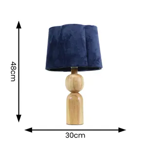 ValueLights Azalea Rustic Wooden Table Lamp with Navy Blue Velvet Scallop Shade and LED Bulb