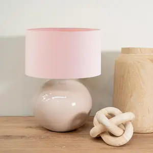 ValueLights Bosco Stone Natural Ceramic Table Lamp with Blush Pink Drum Shade - LED Bulb Included