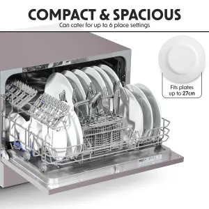 Baridi Compact Tabletop Dishwasher 6 Place Settings, 6 Programmes - Silver