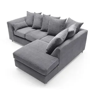 Jumbo Grey Cord Right Facing Corner Sofa for Living Room with Thick Luxury Deep Filled Cushioning