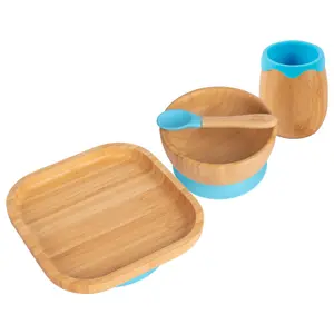 Tiny Dining - Square Bamboo Suction Baby Feeding Set - Blue - 4pc