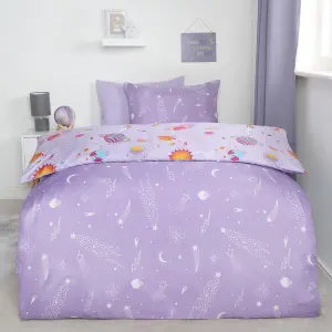 Stars Reversible Duvet Cover Set Quilt with Pillowcase Bedding, Lilac - Double