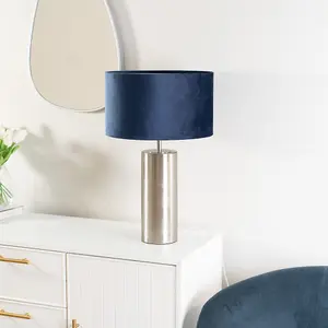 ValueLights Lexy Brushed Chrome Touch Table Lamp with Navy Blue Velvet Shade