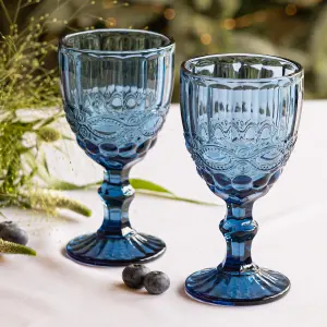 Set of 6 Vintage Luxury Sapphire Blue, Turquoise & Rose Quartz Drinking Wine Glass Wine Goblets 350ml