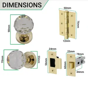 EAI Glass Door Knob Latch Kit - 76mm hinges - 78mm latch - Polished Brass