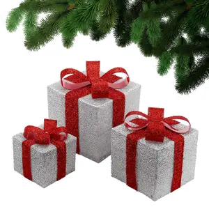 3 X Decorative Christmas Parcels - With 35 White Led Lights - Parcel Set With Bow - Ideal Sparkling Parcel Use Under Christmas