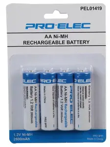 PRO ELEC - NiMH Rechargeable AA Batteries, 2600mAh 4 Pack