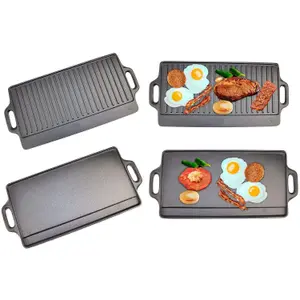 Plate Pan Double Sided for BBQ & Hob Cooking - Size 50 x 23 cm - X-Large Non-Stick Cast Iron Reversible - two Curved Portable