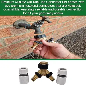 Premium Dual Tap Brass Connector Set with 2 premium Hose end Connectors-Hozelock Compatible Durable 2 Way Brass Connector Splitter