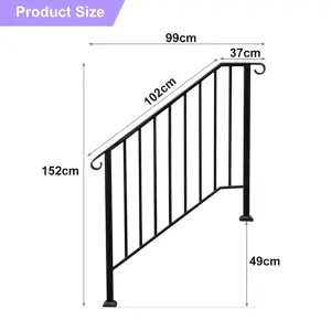 Outdoor Black Steel Handrail 3 Steps Garden Stairs Safety Grab Bannister Rail