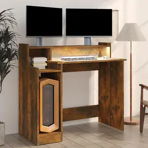 Berkfield Desk with LED Lights Smoked Oak 97x45x90 cm Engineered Wood