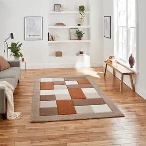 Beige Terra Bordered Chequered Geometric Modern Easy to Clean Rug for Living Room Bedroom and Dining Room-160cm X 220cm