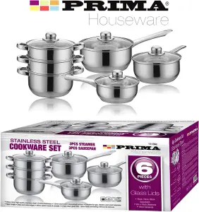 6pc Cookware Set Saucepan Frying Pan Stainless Steel Pots Non Stick Glass Ceramic New