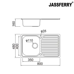 JASSFERRY Stainless Steel Kitchen Sink Single 1 Bowl Inset Reversible Drainer