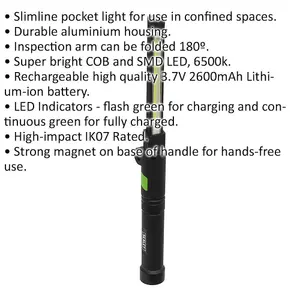 Aluminium Folding Pocket Light - 2 COB & 1 SMD LED - Rechargeable - Magnetic