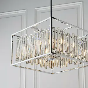 Hanging Ceiling Pendant Light Chrome & Crystal Gorgeous Modern Large Box Shade