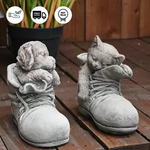 Super cute Pair of Stone cast Cat and Dog in Shoes