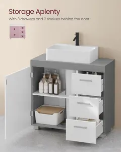 VASAGLE Pedestal Sink Bathroom Cabinet, 3-Drawer Storage with 2 Shelves Behind Door, with Feet, Cloud White and Dove Grey