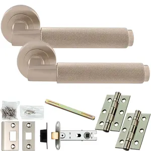 Door Handle & Latch Pack - Satin Nickel - Square Knurled Bar Lever On Round Rose