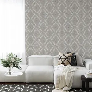 Wallquest Villa Rosa Damask Silver Wallpaper Floral Classic Acrylic Coated