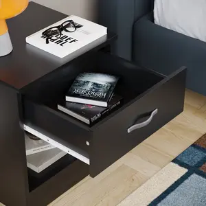 Maybery 1 Drawer Bedside Table With Open Shelf, Bedroom Storage Cabinet Black