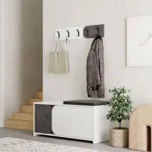 Decortie Modern Moni Shoe Cabinet White-Retro Grey 3-Door Storage Cabinet with 5-Hook Organiser Set Fabric Seat